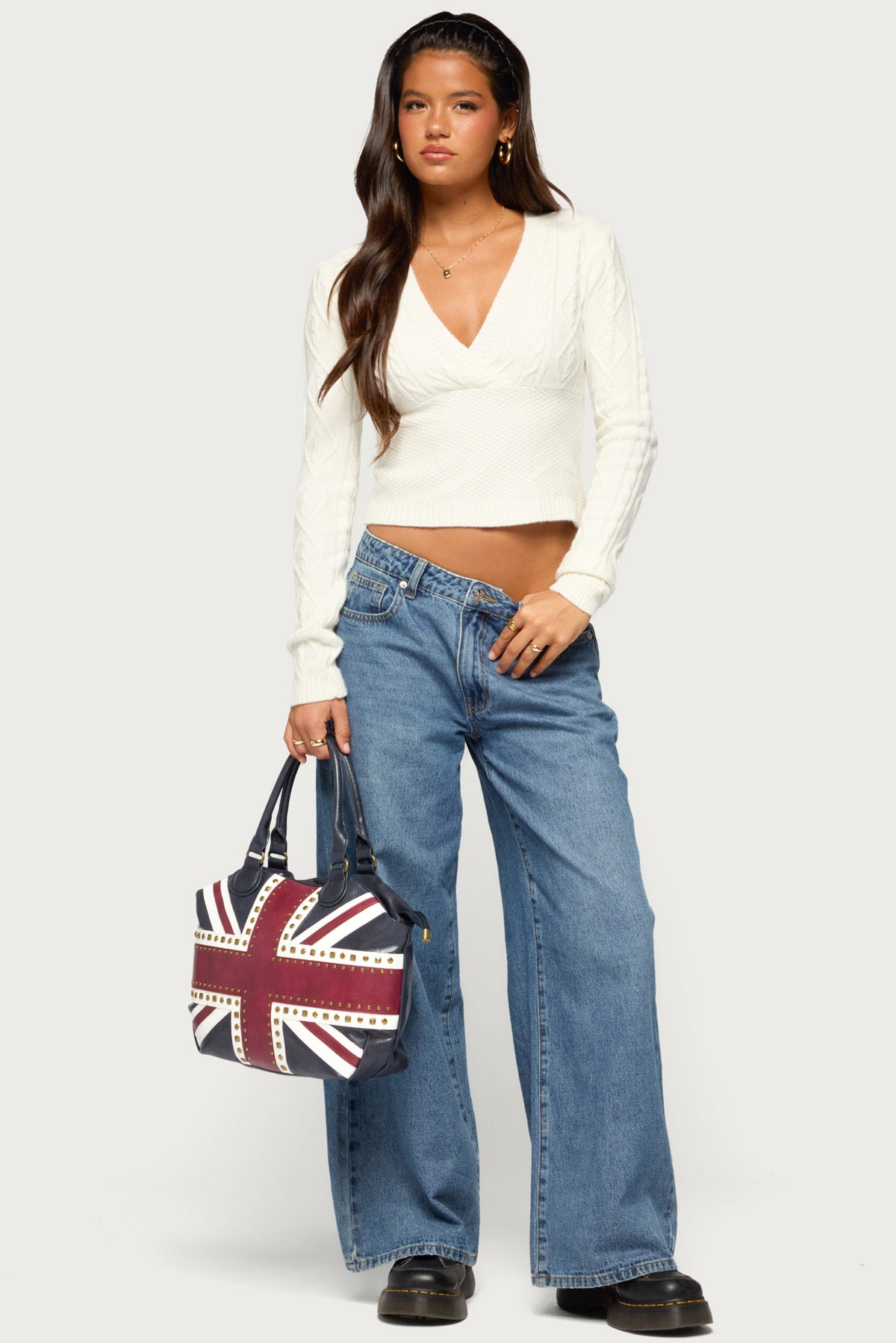 Kitti V Neck Cable Knit Sweater - CREAM