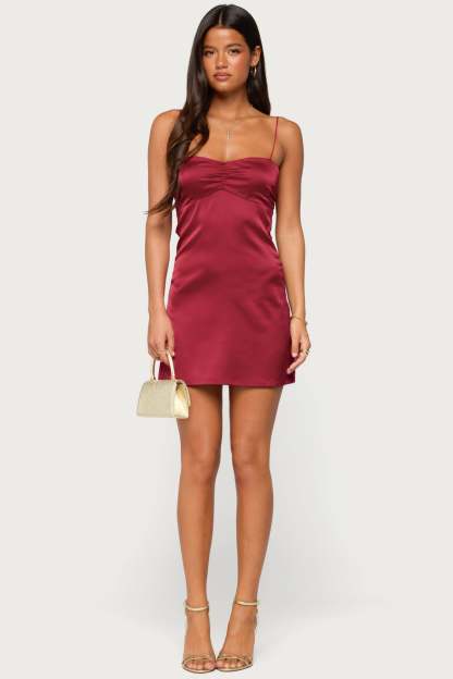 Taira Satin Effect Mini Dress - BURGUNDY