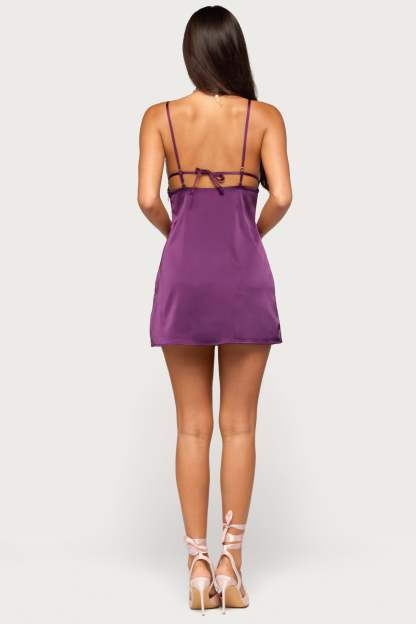 Tannie Lacey Satin Effect Mini Dress - PLUM
