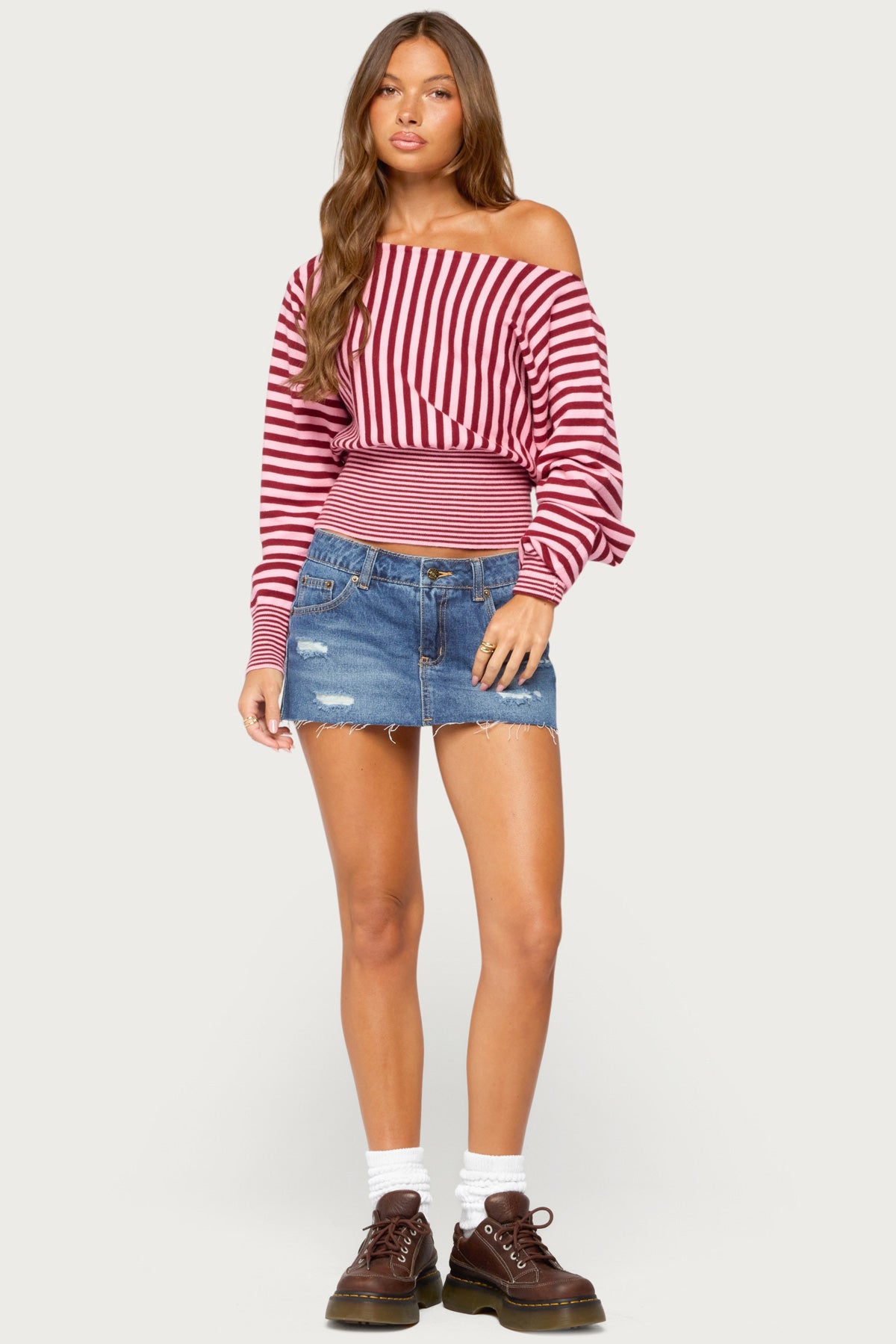 Brida Striped Off Shoulder Sweater - BURGUNDY-AND-PINK