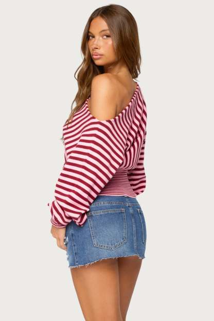 Brida Striped Off Shoulder Sweater - BURGUNDY-AND-PINK