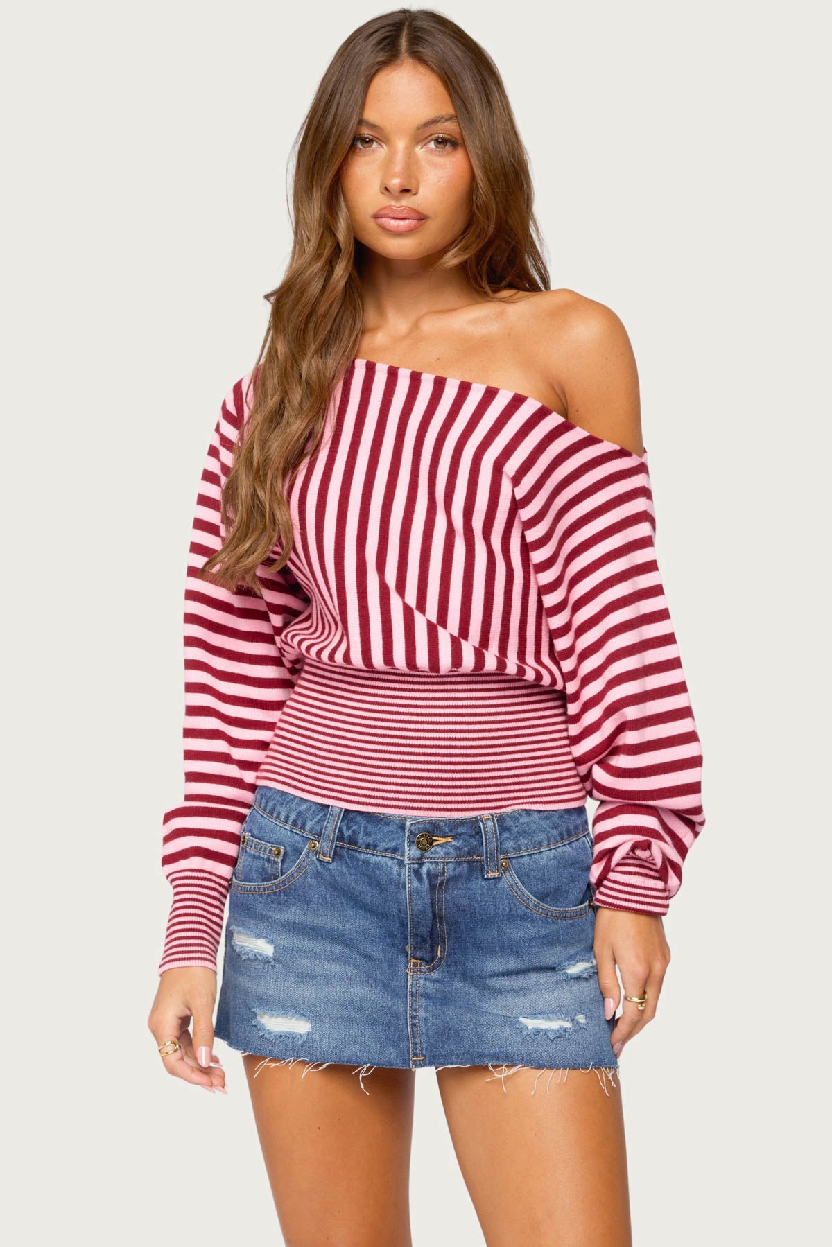 Brida Striped Off Shoulder Sweater - BURGUNDY-AND-PINK