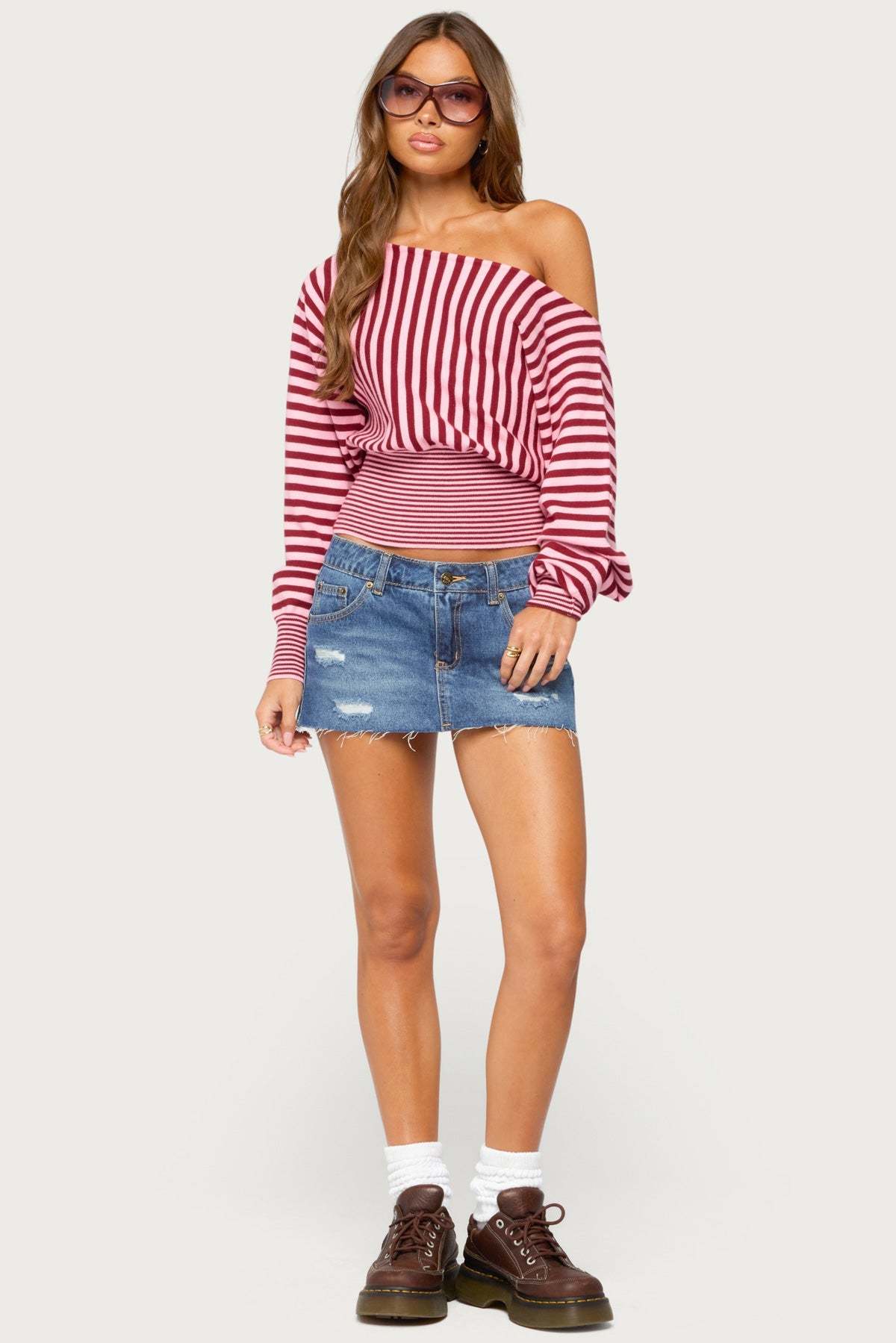 Brida Striped Off Shoulder Sweater - BURGUNDY-AND-PINK