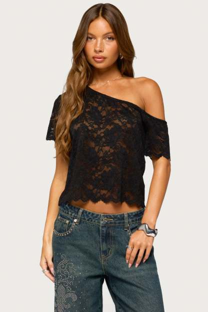 Elenora Off Shoulder Sheer Lace Top - BLACK