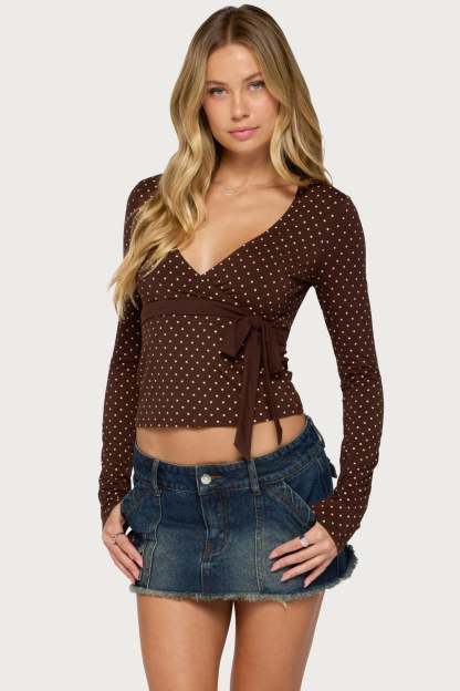 Ilen Polka Dot Wrap Top - BROWN