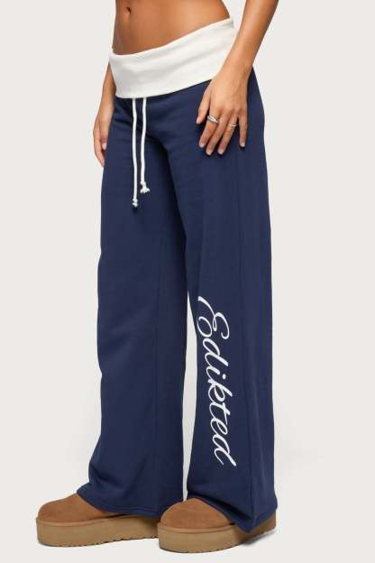 Edikted Contrast Foldover Sweatpants - NAVY