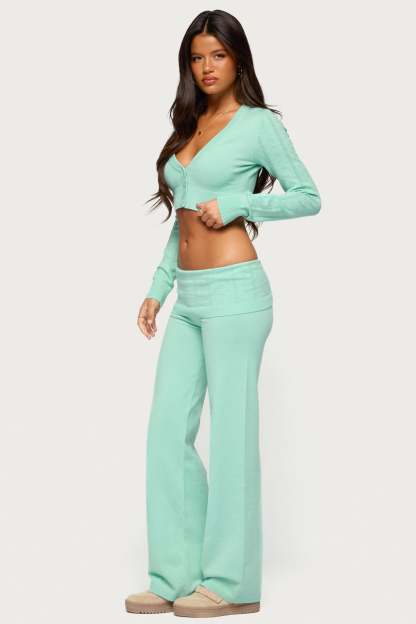 Wanel Pointelle Foldover Pants - AQUA