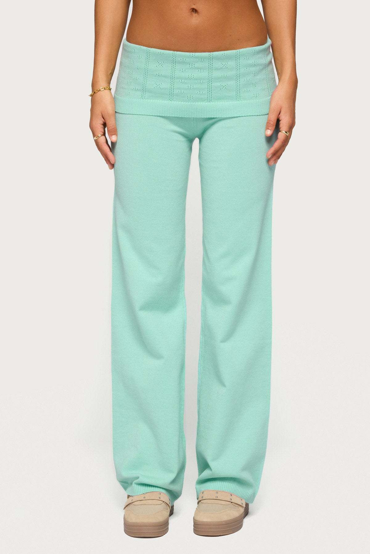 Wanel Pointelle Foldover Pants - AQUA