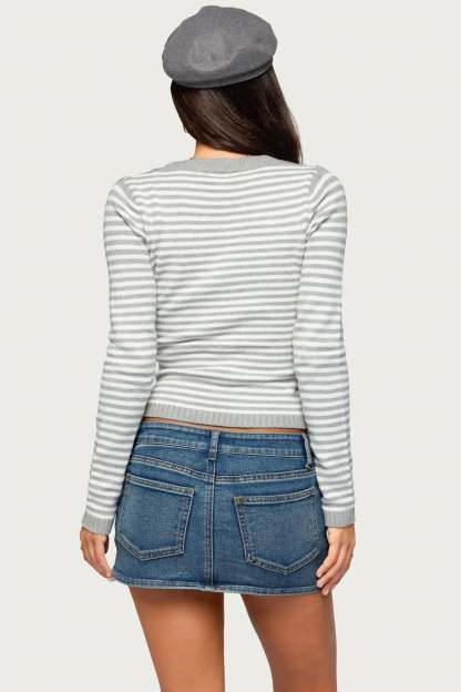 Emmalee Long Sleeve Striped Knit Top - LIGHT-GRAY-MELANGE-AND-WHITE