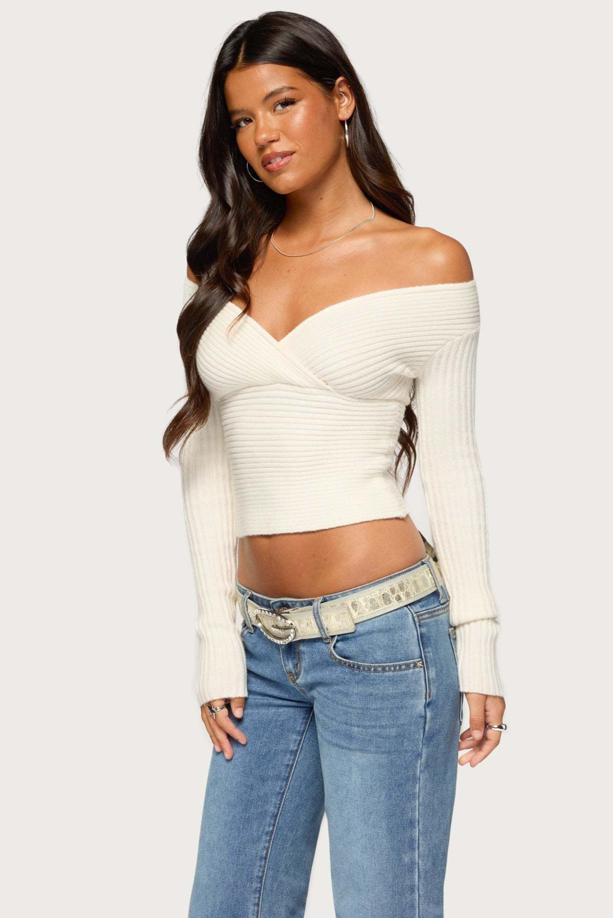 Bealey Off Shoulder Ribbed Wrap Sweater - CREAM