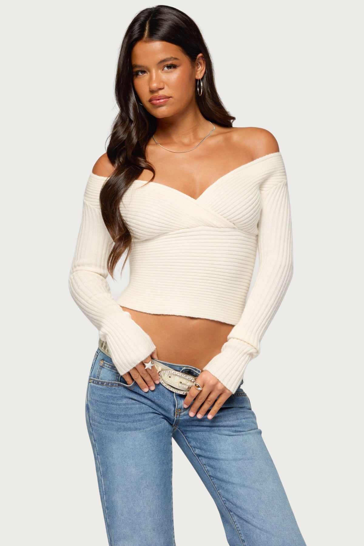 Bealey Off Shoulder Ribbed Wrap Sweater - CREAM