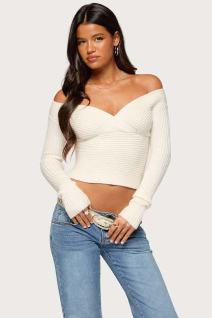 Bealey Off Shoulder Ribbed Wrap Sweater - CREAM