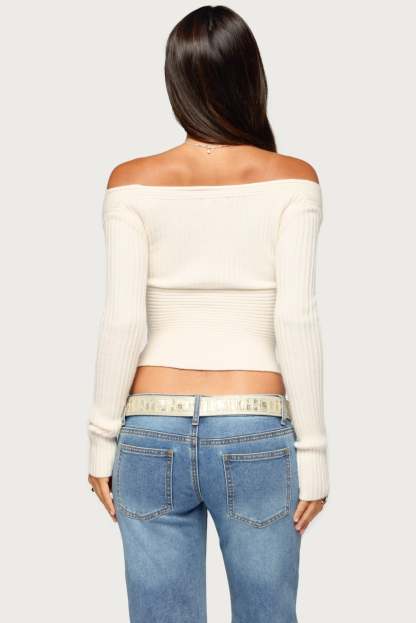 Bealey Off Shoulder Ribbed Wrap Sweater - CREAM