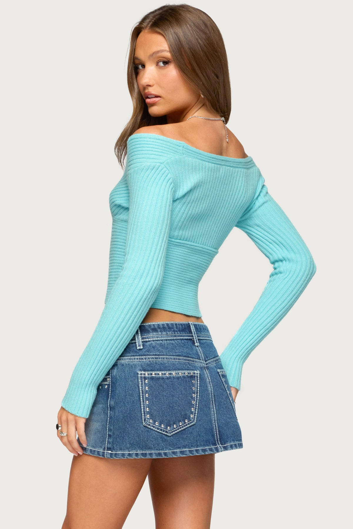 Bealey Off Shoulder Ribbed Wrap Sweater - TURQUOISE