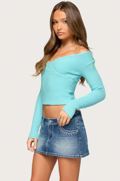 Bealey Off Shoulder Ribbed Wrap Sweater - TURQUOISE
