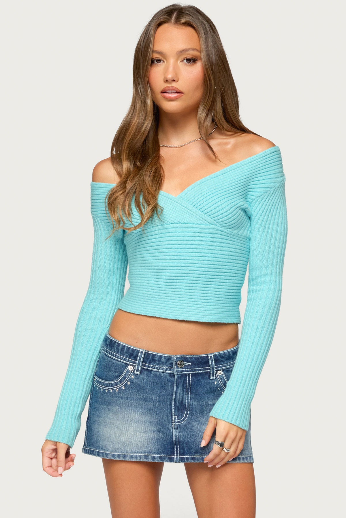 Bealey Off Shoulder Ribbed Wrap Sweater - TURQUOISE