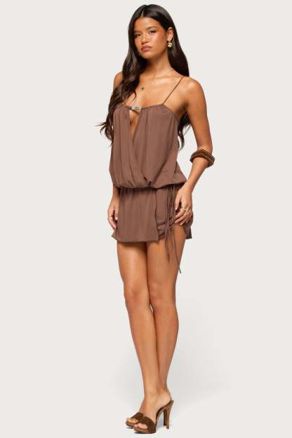 Addyson Bead Wrap Mini Dress - BROWN