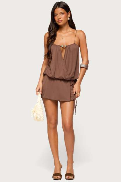 Addyson Bead Wrap Mini Dress - BROWN