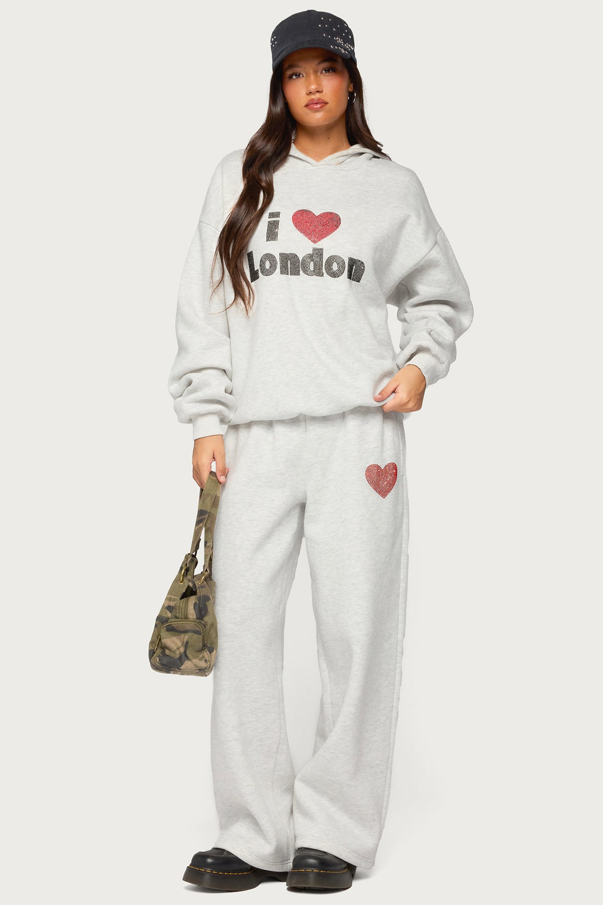 London Obsessed Rhinestone Sweatpants - LIGHT-GRAY-MELANGE