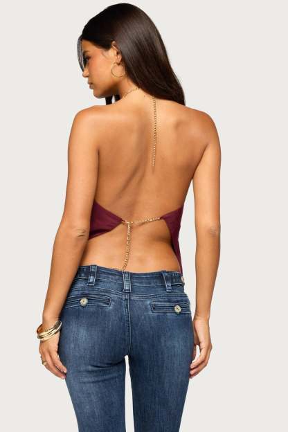 Elni Chain Backless Halter Top - BURGUNDY