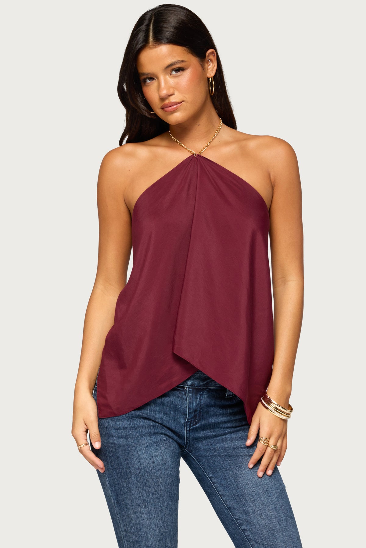 Elni Chain Backless Halter Top - BURGUNDY