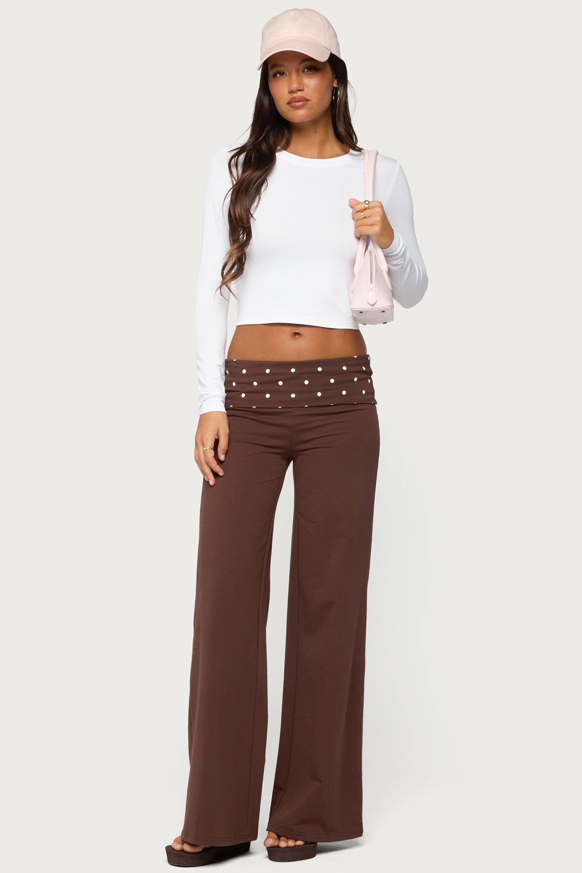 Reeva Polka Dot Foldover Pants - DARK-BROWN