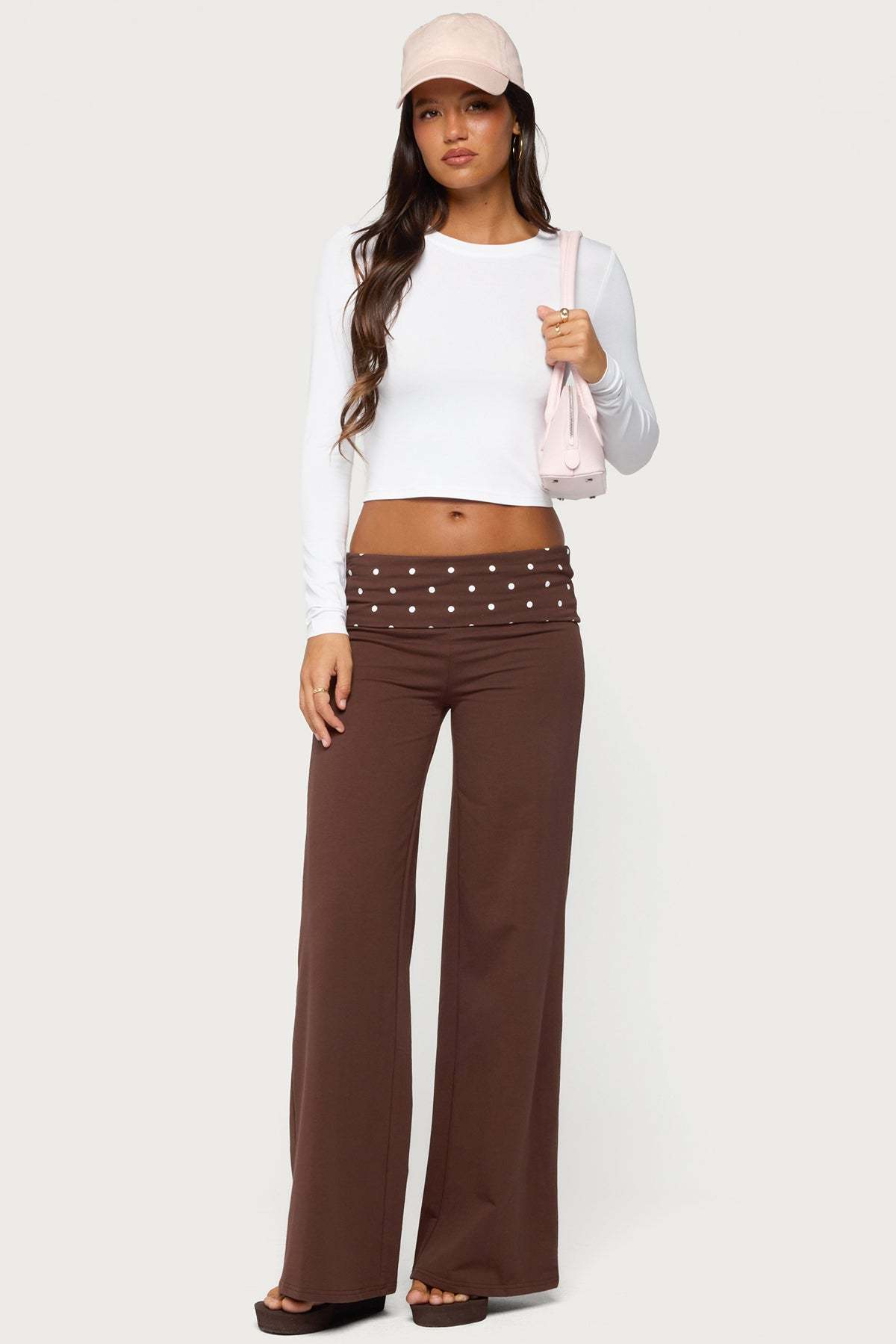Reeva Polka Dot Foldover Pants - DARK-BROWN