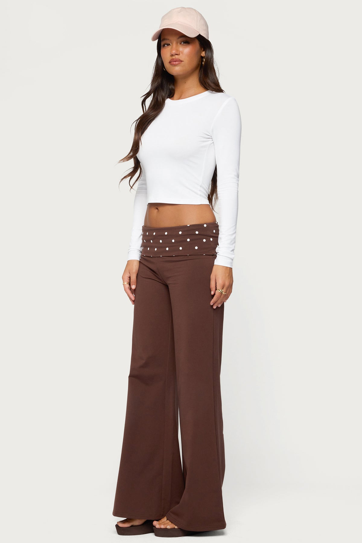 Reeva Polka Dot Foldover Pants - DARK-BROWN