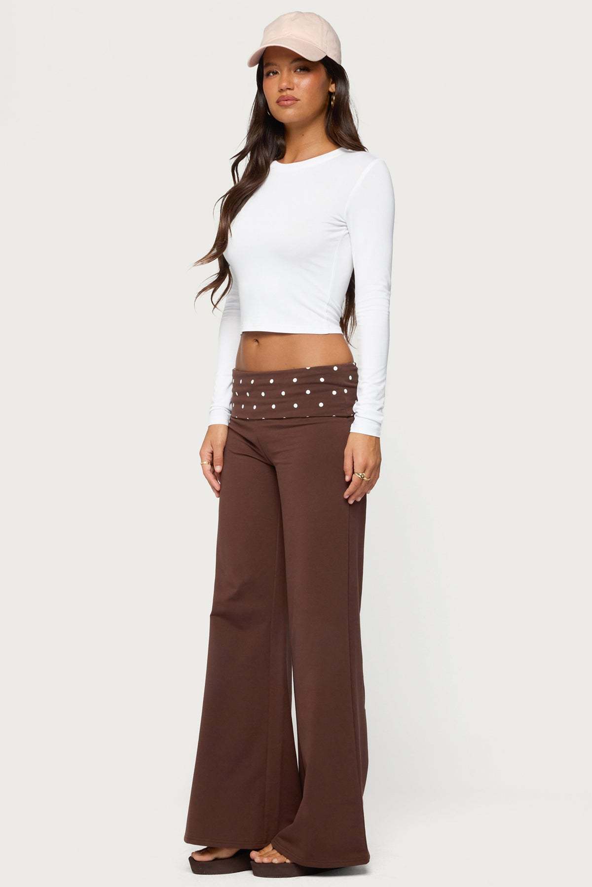 Reeva Polka Dot Foldover Pants - DARK-BROWN