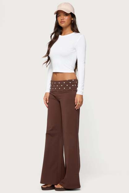 Reeva Polka Dot Foldover Pants - DARK-BROWN