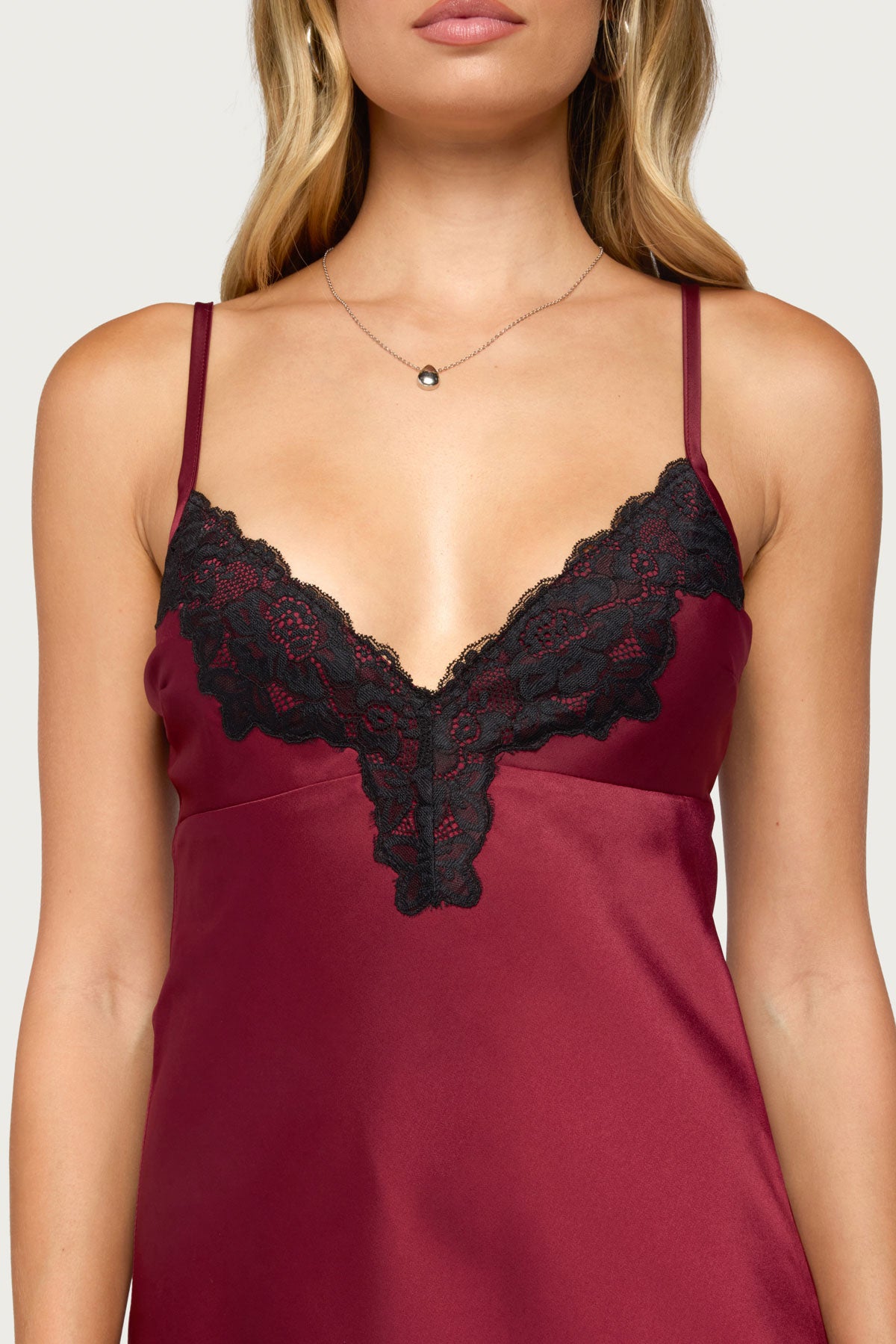 Brisa Lacey Satin Effect Mini Dress - BURGUNDY