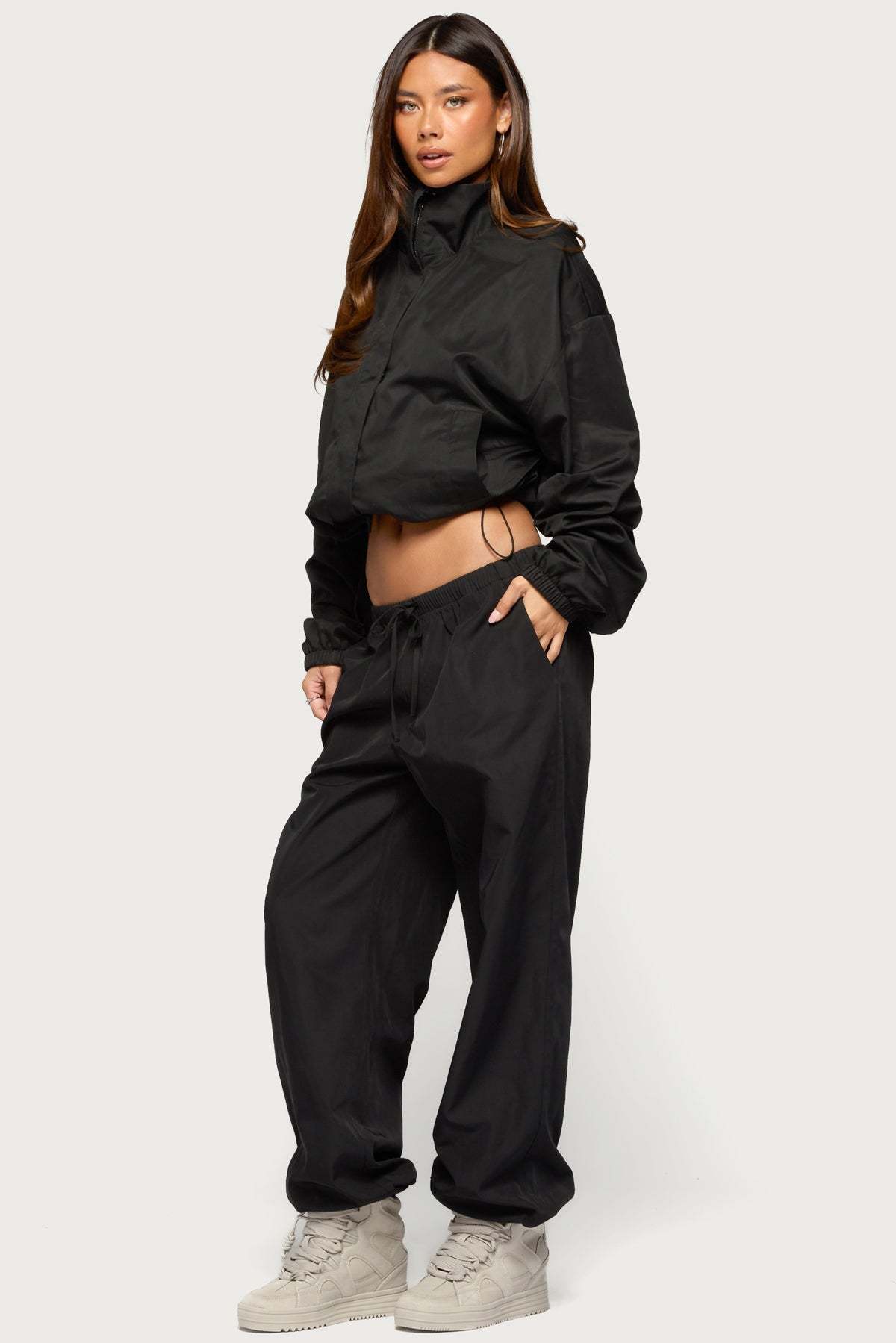 Corinne Nylon Track Pants - BLACK