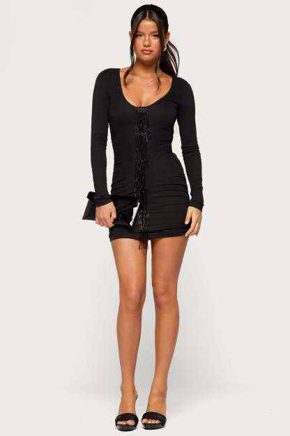 Oloa Beaded Fringe Mini Dress - BLACK