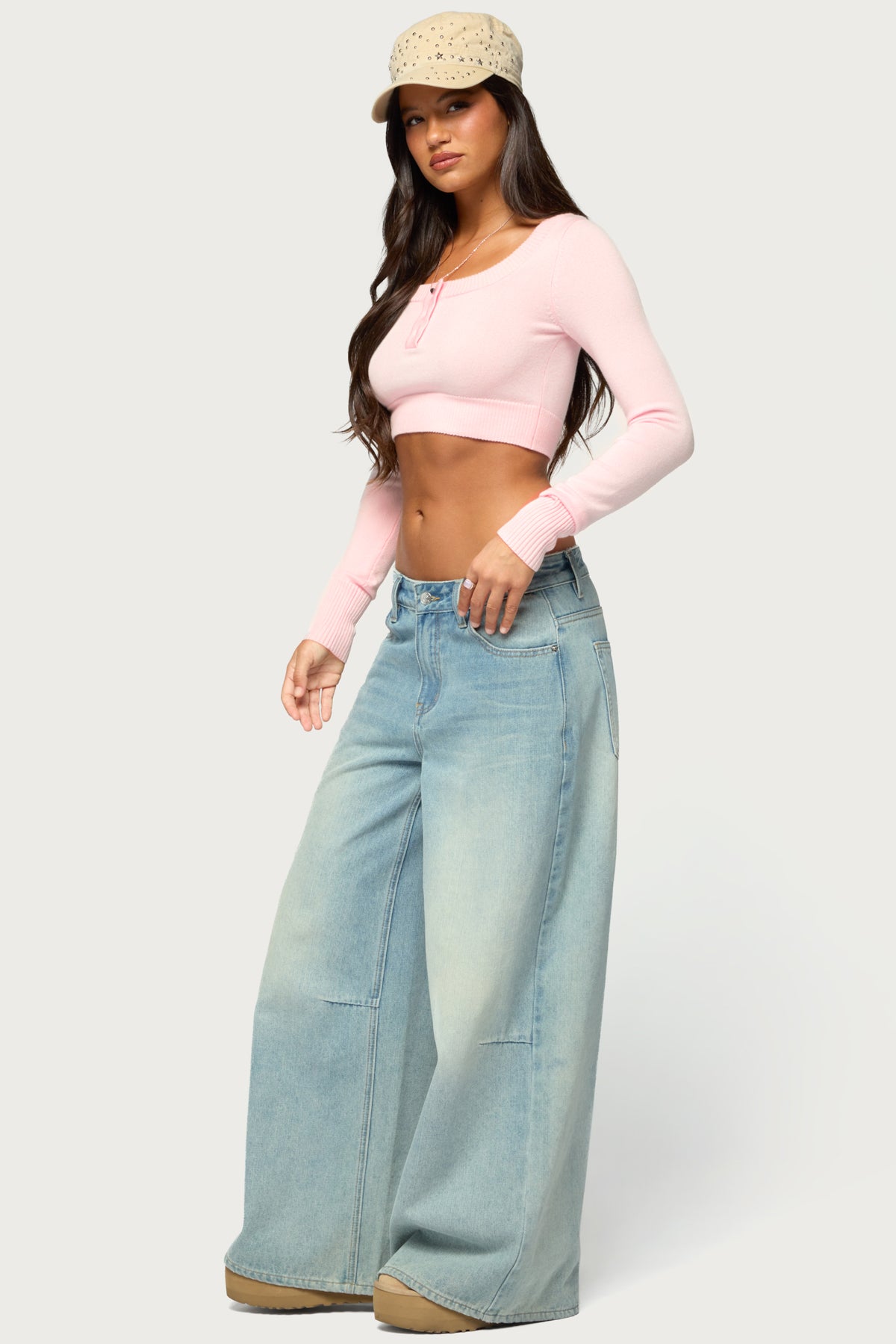 Tammee Knit Henley Crop Top - LIGHT-PINK
