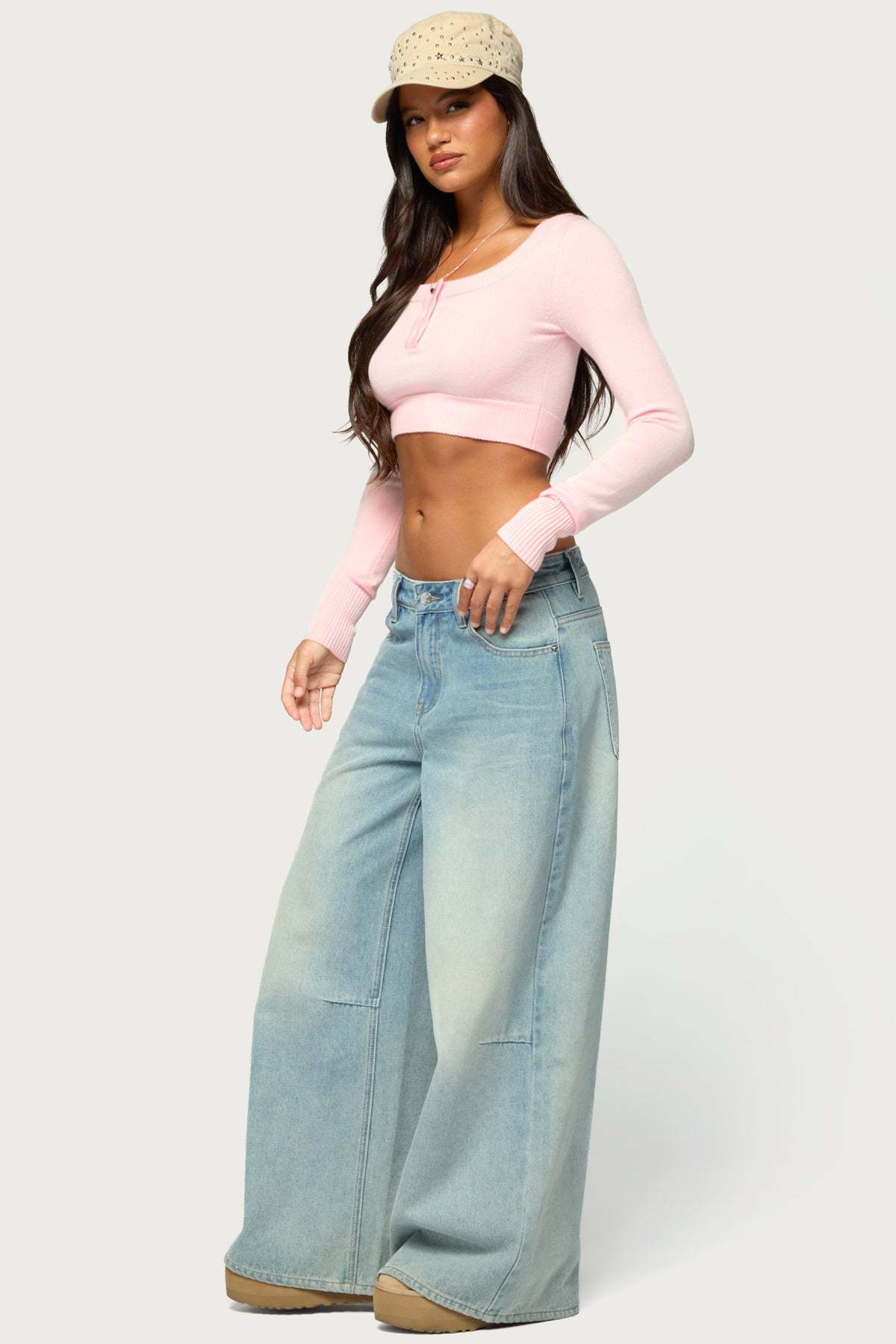 Tammee Knit Henley Crop Top - LIGHT-PINK