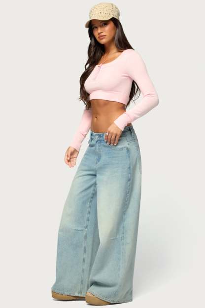 Tammee Knit Henley Crop Top - LIGHT-PINK
