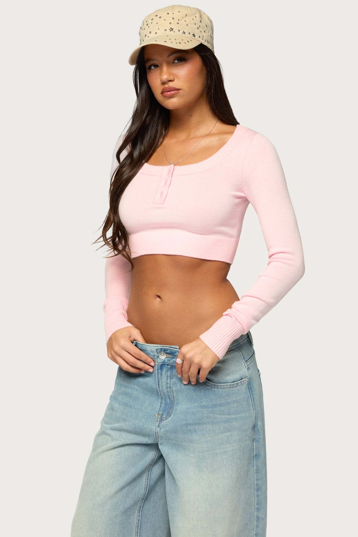 Tammee Knit Henley Crop Top - LIGHT-PINK