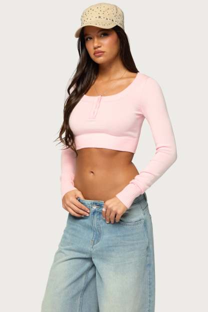 Tammee Knit Henley Crop Top - LIGHT-PINK