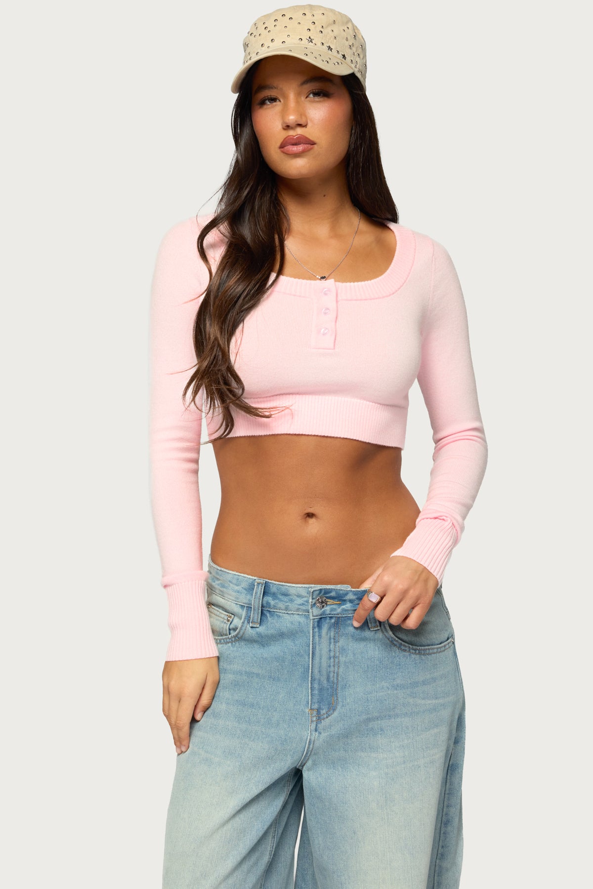 Tammee Knit Henley Crop Top - LIGHT-PINK