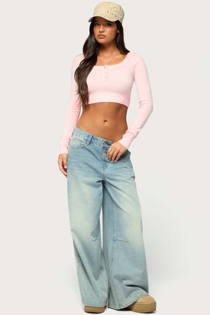 Tammee Knit Henley Crop Top - LIGHT-PINK
