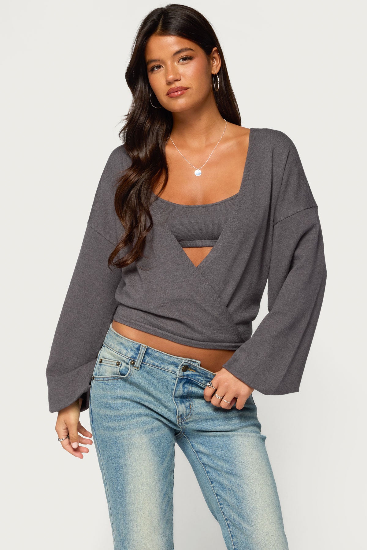 Kyree Two Piece Knit Wrap Top - DARK-GRAY
