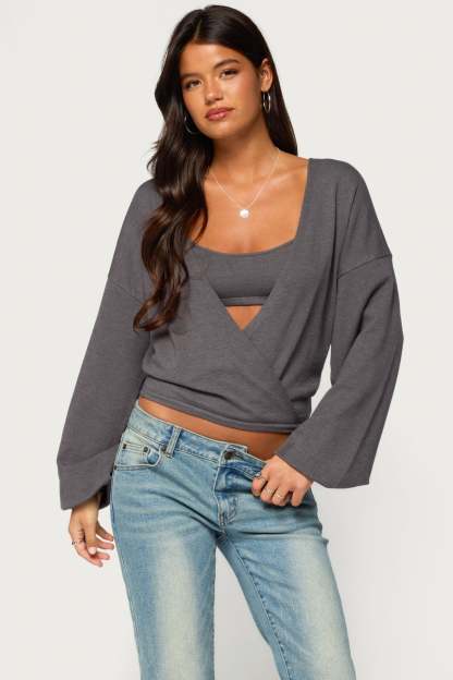 Kyree Two Piece Knit Wrap Top - DARK-GRAY