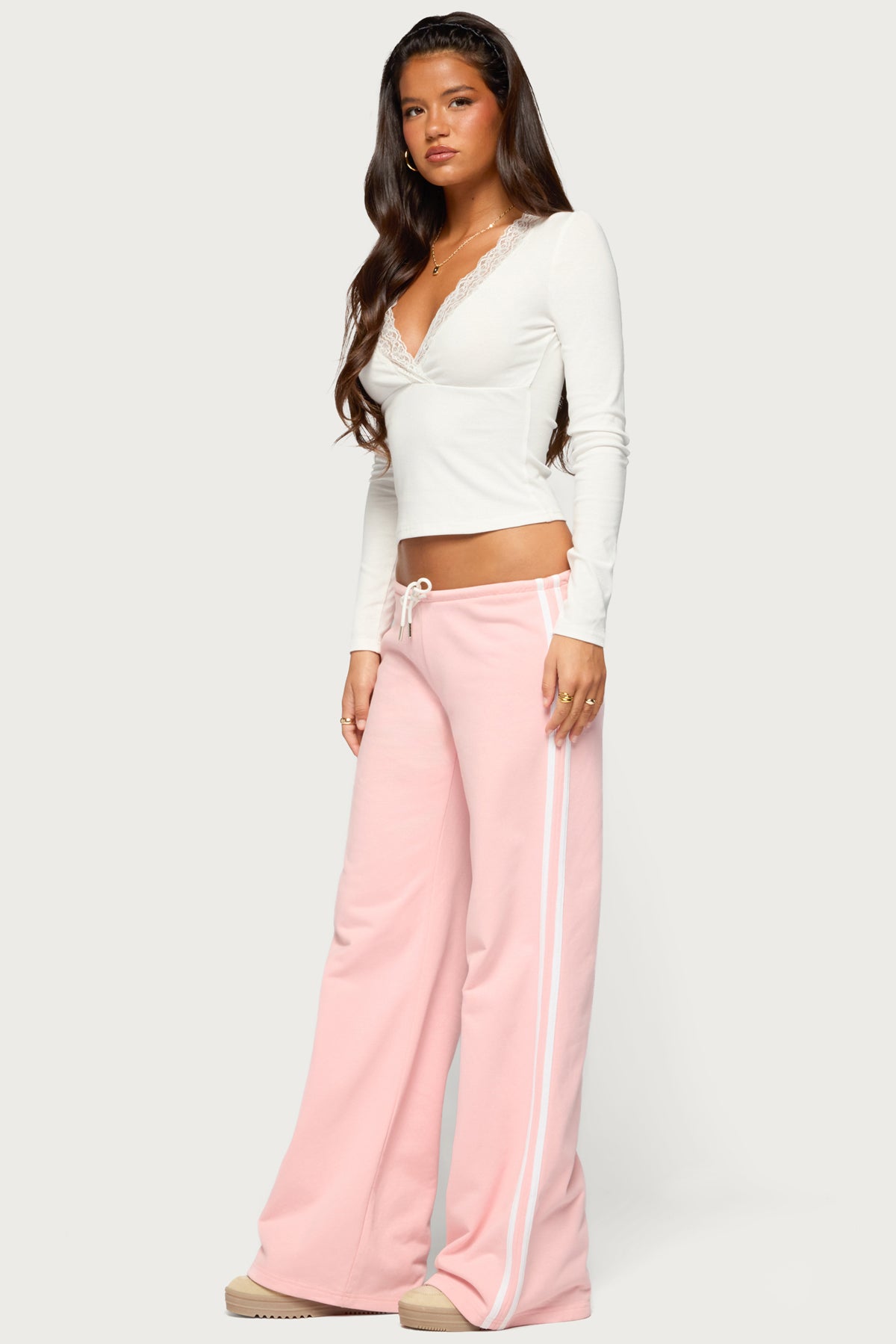 Halka Lacey Long Sleeve V Neck Top - WHITE