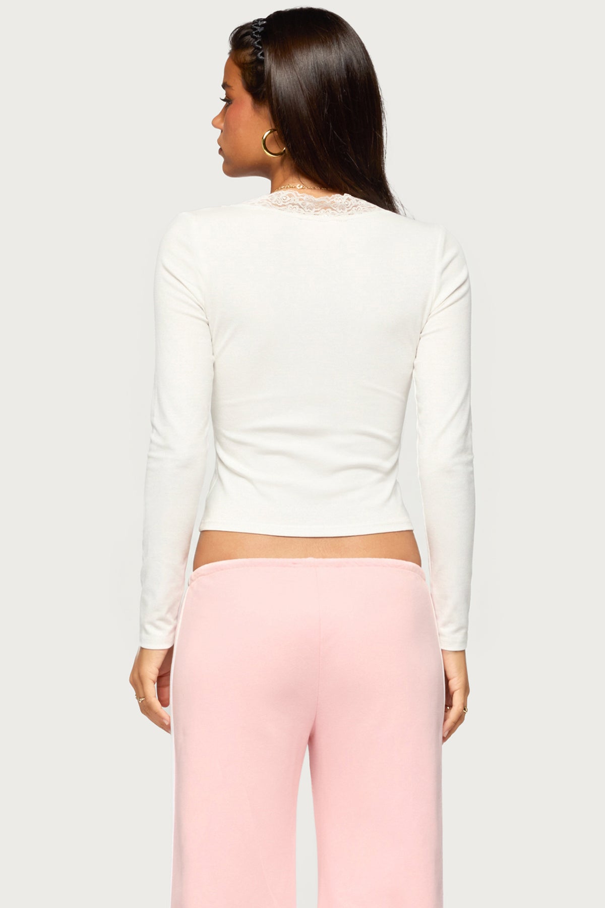 Halka Lacey Long Sleeve V Neck Top - WHITE