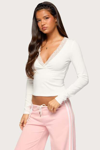 Halka Lacey Long Sleeve V Neck Top - WHITE