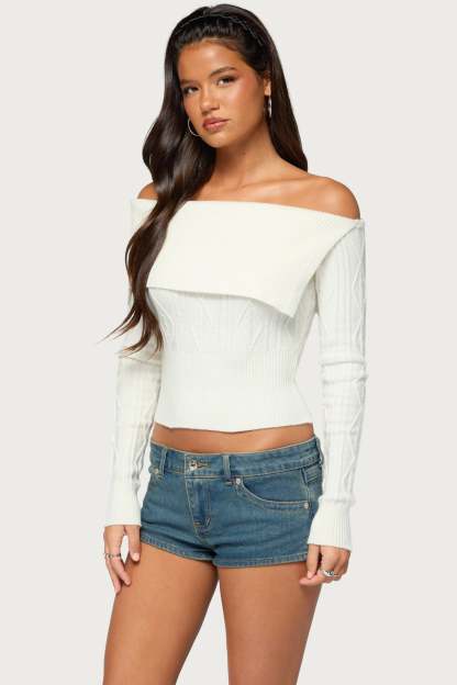 Saeva Off Shoulder Cable Knit Sweater - WHITE