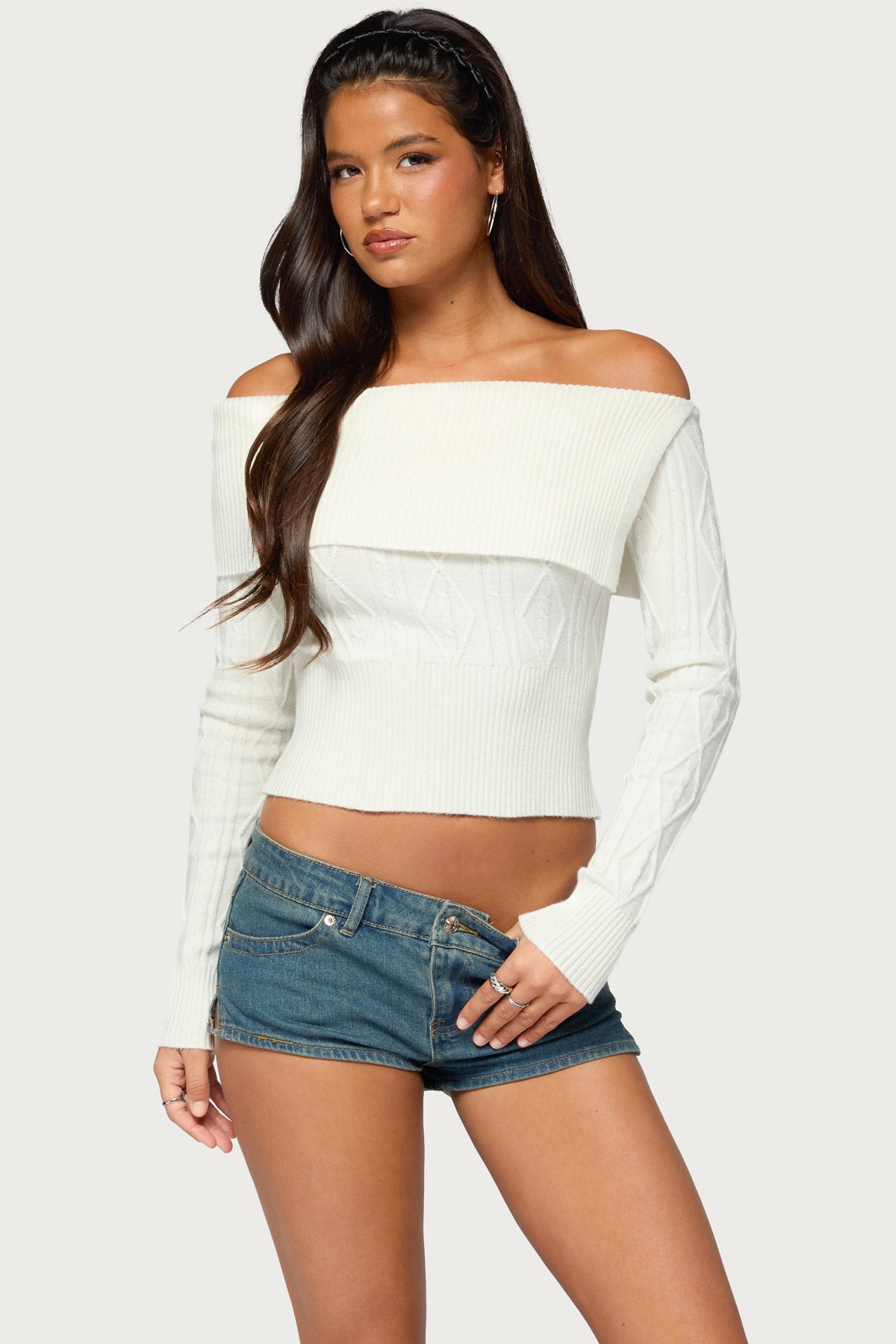 Saeva Off Shoulder Cable Knit Sweater - WHITE