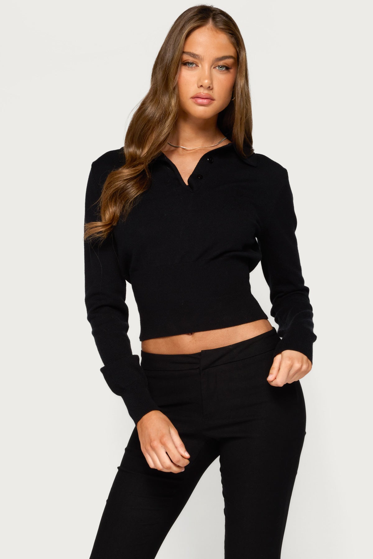 Kaisa Knit Polo Sweater - BLACK