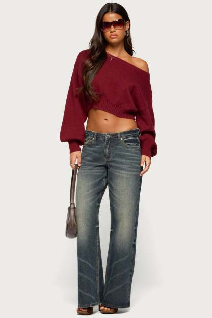 Karsen Off Shoulder Cropped Sweater - BURGUNDY