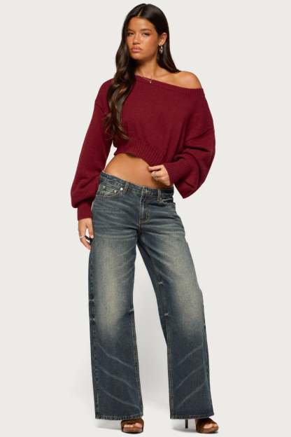 Karsen Off Shoulder Cropped Sweater - BURGUNDY